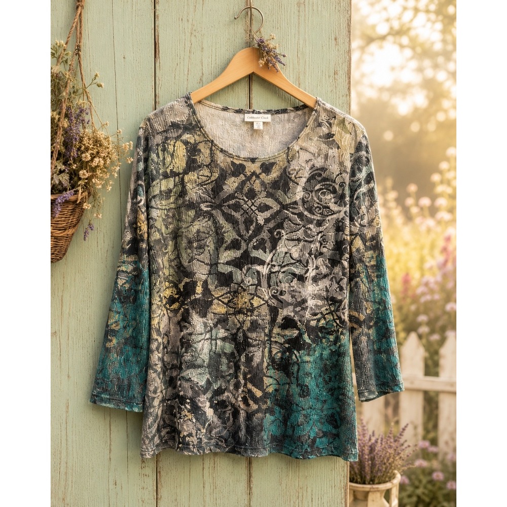 Coldwater Creek Womens XL Teal Green Damask Crinkle 3/4 Sleeve Tunic Top